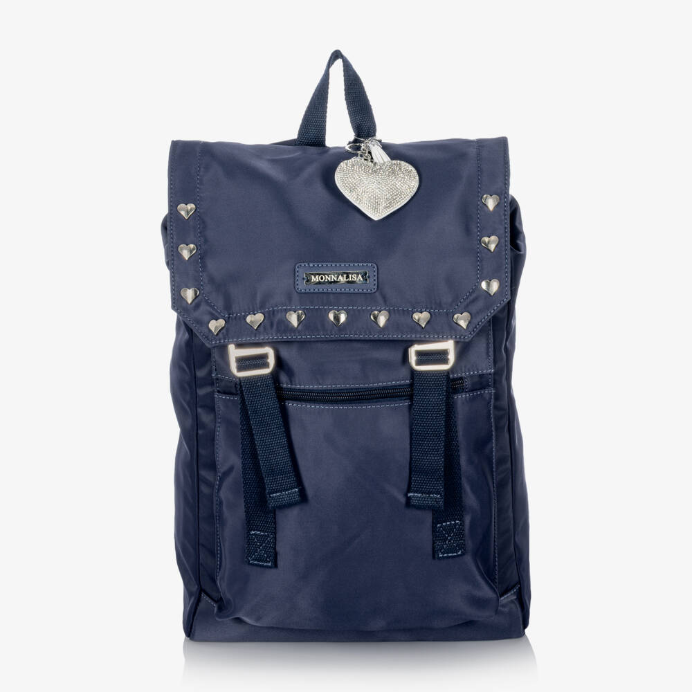 Monnalisa-Girls Navy Blue Backpack with Silver Hearts (42cm) | Childrensalon