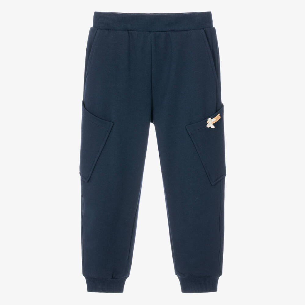 Monnalisa-Girls Navy Blue Cotton Joggers with Patch Pockets | Childrensalon