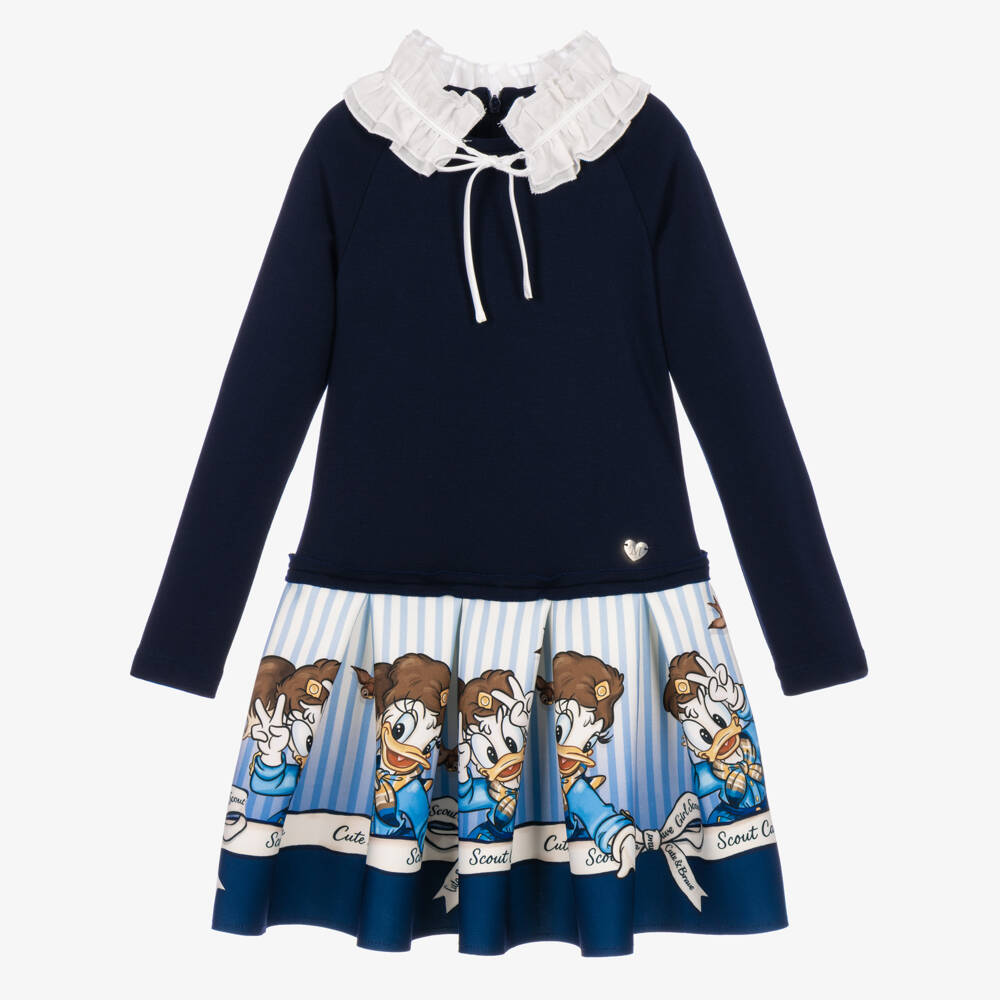 Monnalisa-Girls Navy Blue Disney Dress with Daisy Duck  | Childrensalon