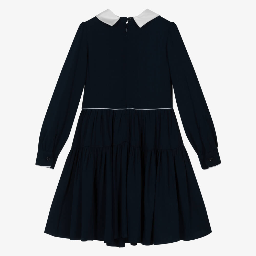 Monnalisa-Girls Navy Blue Dress With White Collar & Bow | Childrensalon