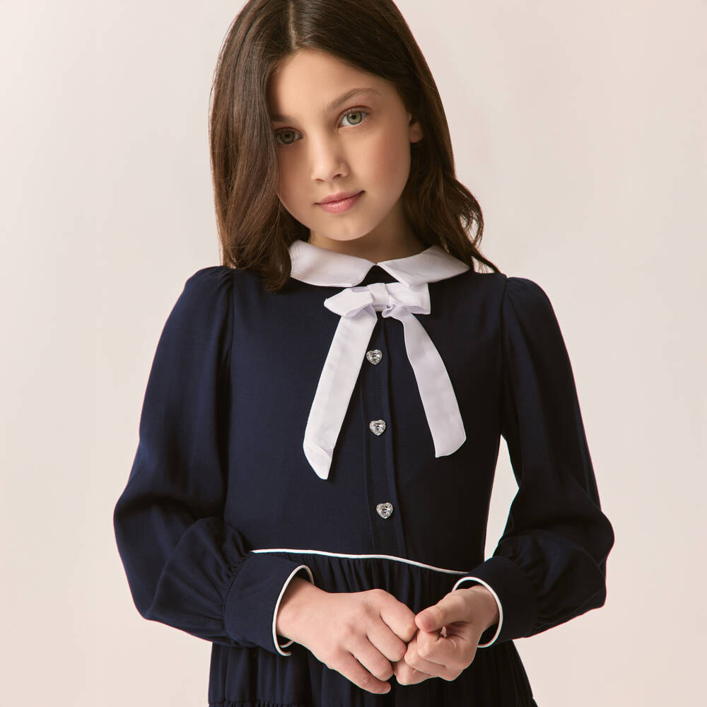 Monnalisa-Girls Navy Blue Dress With White Collar & Bow | Childrensalon