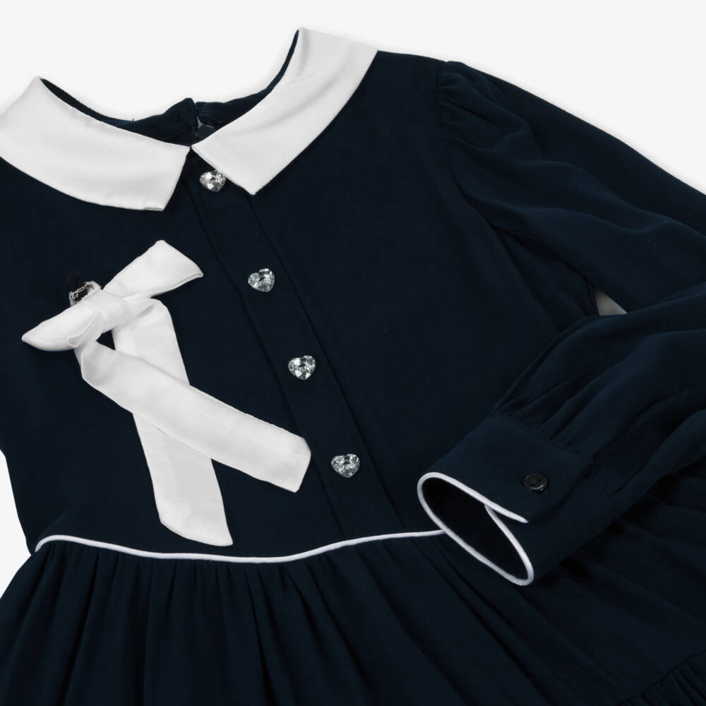 Monnalisa-Girls Navy Blue Dress With White Collar & Bow | Childrensalon