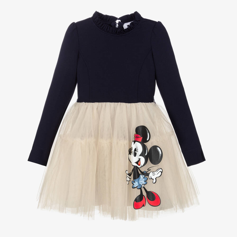 Monnalisa-Girls Navy Blue Jersey & Beige Tulle Disney Dress | Childrensalon
