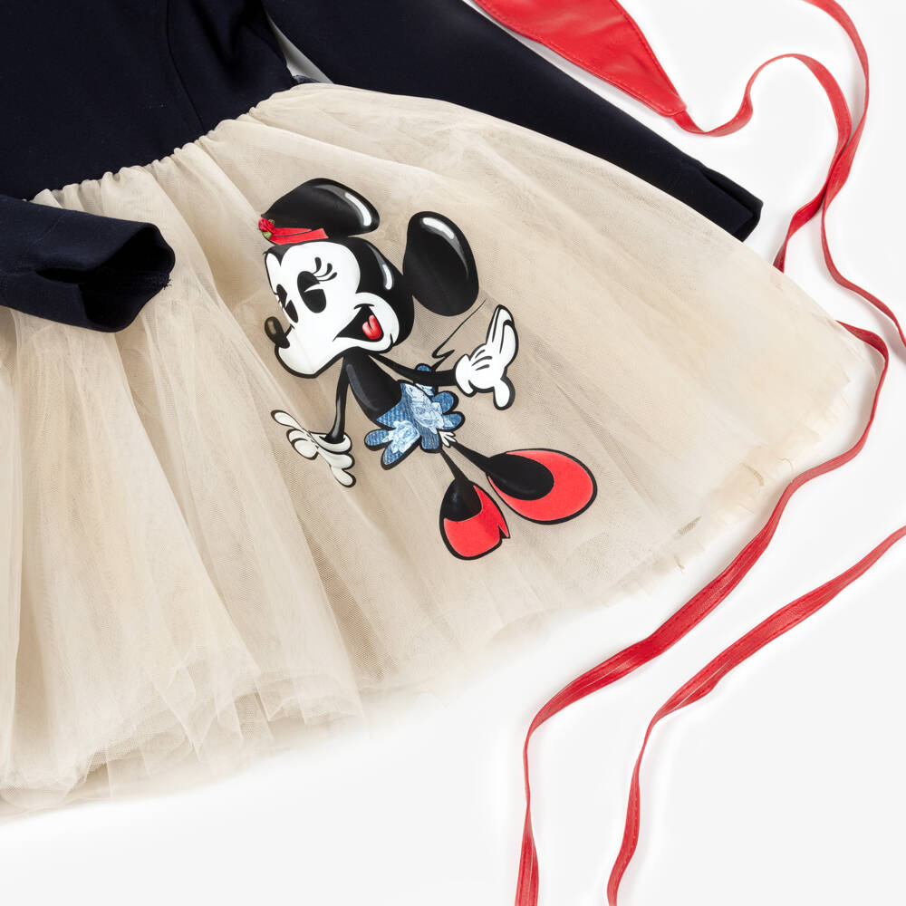Monnalisa-Girls Navy Blue Jersey & Beige Tulle Disney Dress | Childrensalon