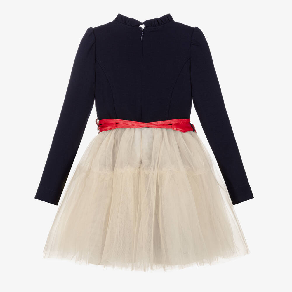 Monnalisa-Girls Navy Blue Jersey & Beige Tulle Disney Dress | Childrensalon