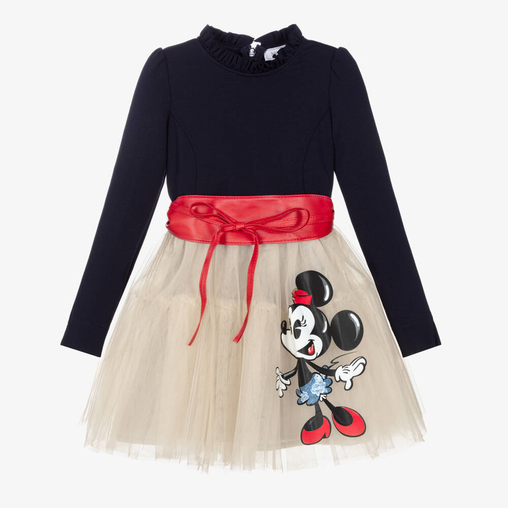 Monnalisa-Girls Navy Blue Jersey & Beige Tulle Disney Dress | Childrensalon