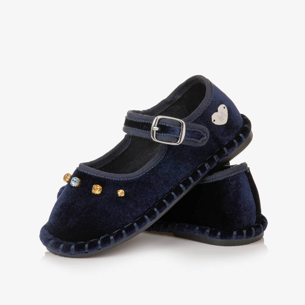 Monnalisa-Girls Navy Blue Velvet Shoes with Rhinestones | Childrensalon