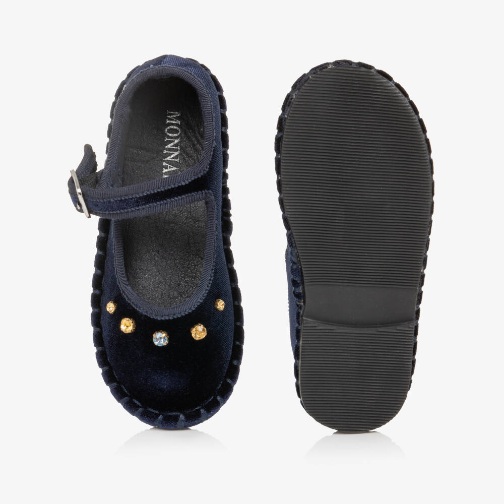 Monnalisa-Girls Navy Blue Velvet Shoes with Rhinestones | Childrensalon