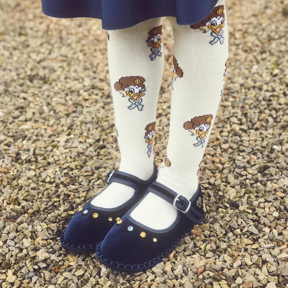 Monnalisa-Girls Navy Blue Velvet Shoes with Rhinestones | Childrensalon