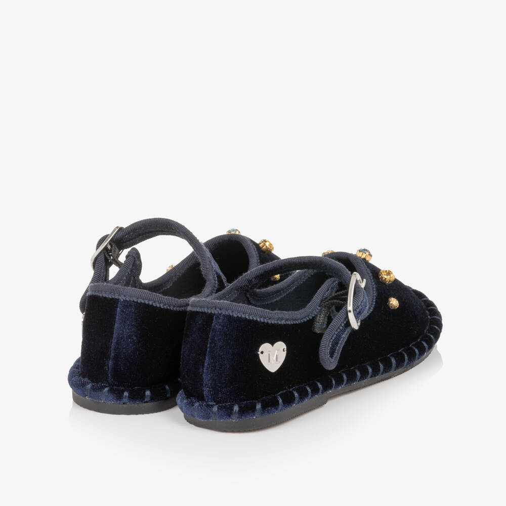 Monnalisa-Girls Navy Blue Velvet Shoes with Rhinestones | Childrensalon