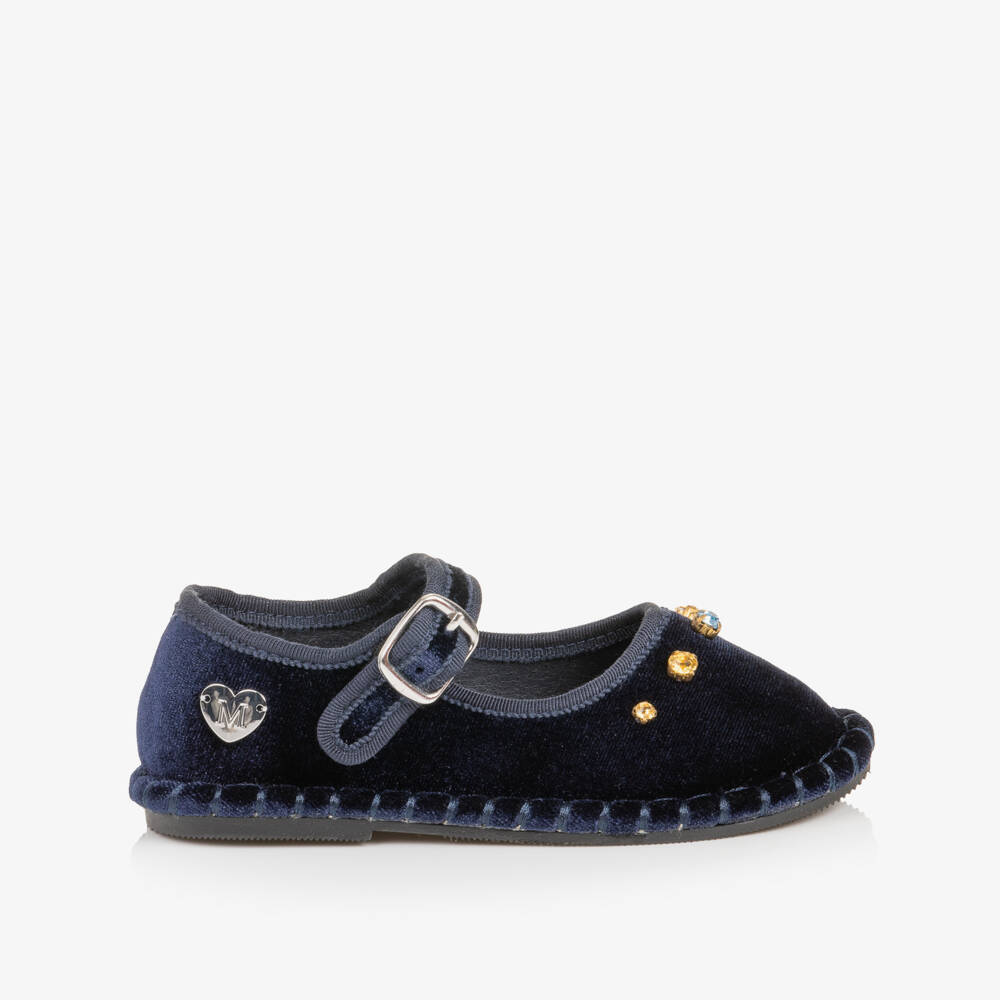 Monnalisa-Girls Navy Blue Velvet Shoes with Rhinestones | Childrensalon