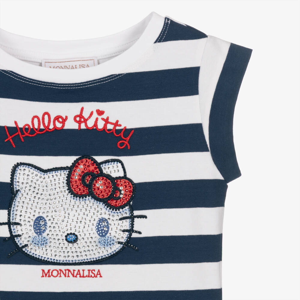 Monnalisa-Girls Navy Blue & White Stripe Hello Kitty T-Shirt | Childrensalon
