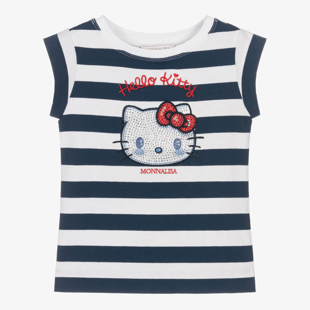 Monnalisa-Girls Navy Blue & White Stripe Hello Kitty T-Shirt | Childrensalon