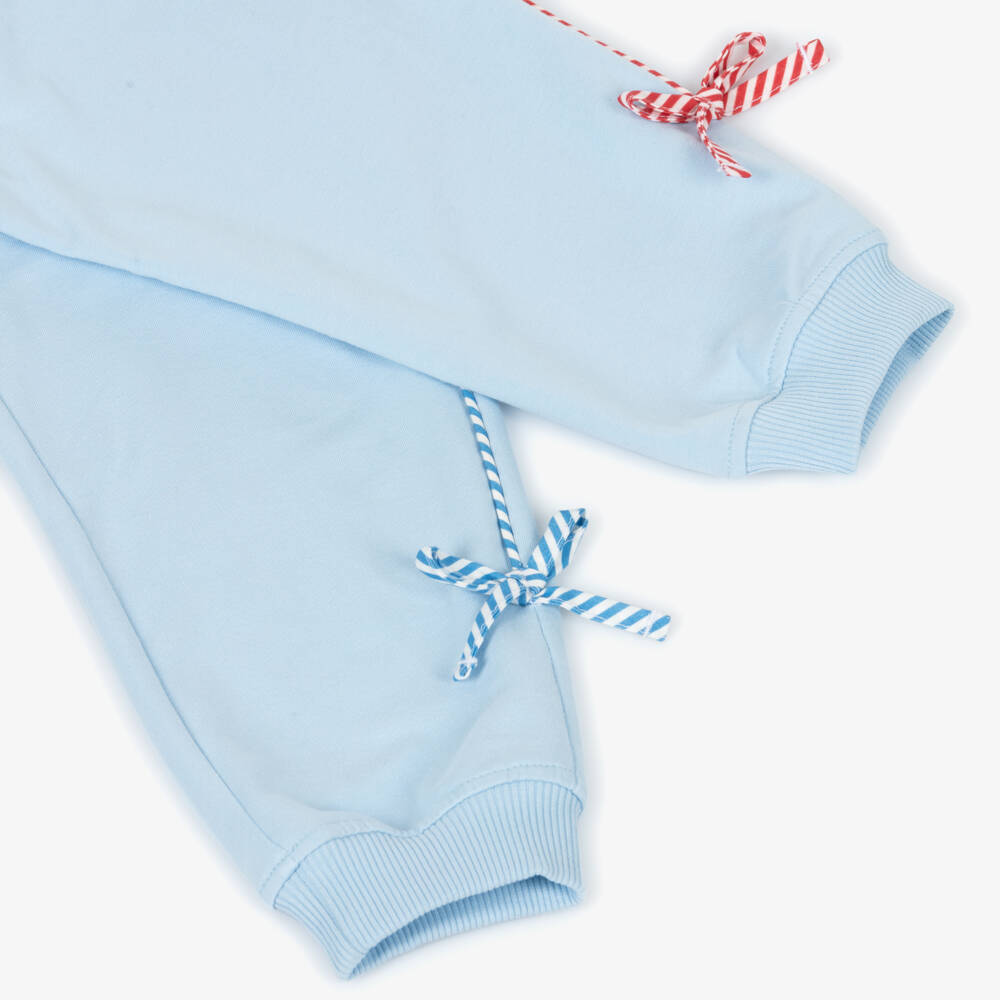 Monnalisa-Girls Pale Blue Cotton Joggers with Striped Piping | Childrensalon