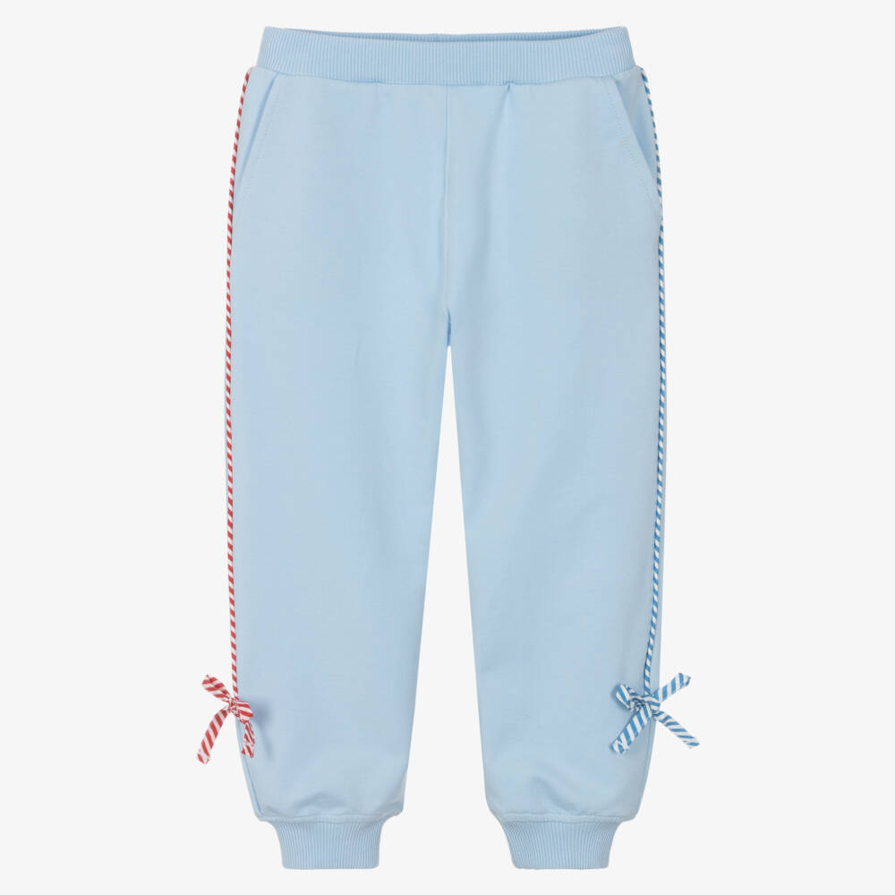Monnalisa-Girls Pale Blue Cotton Joggers with Striped Piping | Childrensalon