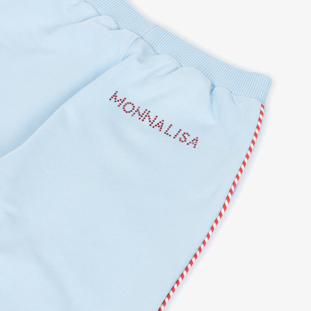 Monnalisa-Girls Pale Blue Cotton Joggers with Striped Piping | Childrensalon