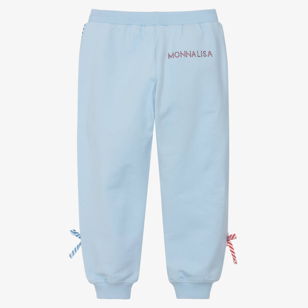 Monnalisa-Girls Pale Blue Cotton Joggers with Striped Piping | Childrensalon