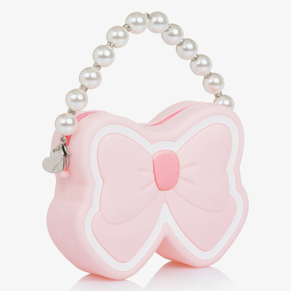 Monnalisa-Girls Pale Pink Bow Shaped Bag with Pearl Handle (14cm) | Childrensalon