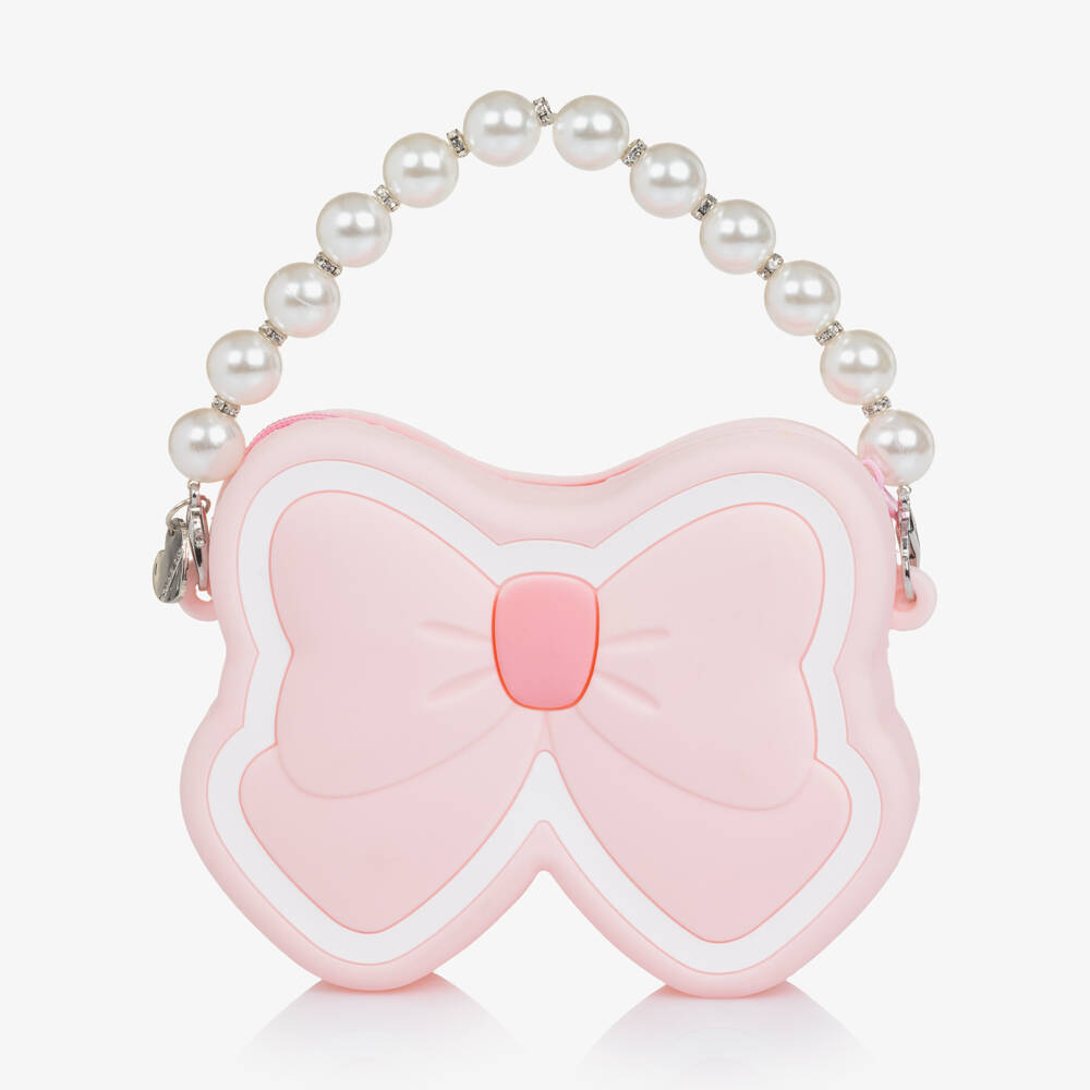 Monnalisa-Girls Pale Pink Bow Shaped Bag with Pearl Handle (14cm) | Childrensalon