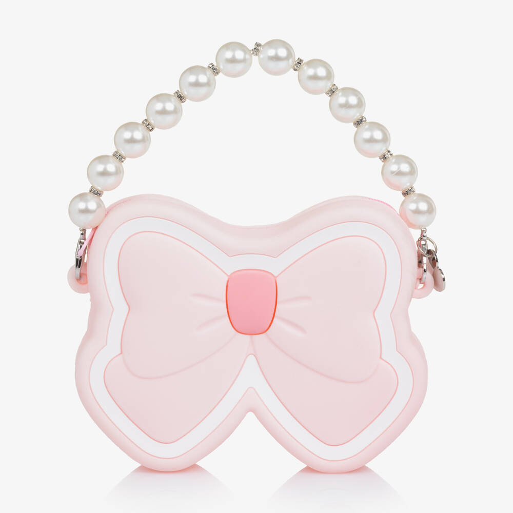Monnalisa-Girls Pale Pink Bow Shaped Bag with Pearl Handle (14cm) | Childrensalon