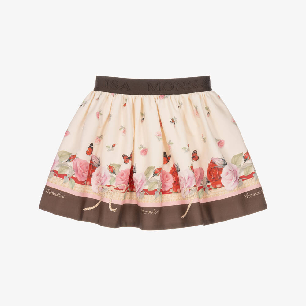 Monnalisa-Girls Pale Pink & Brown Skirt with Rose Print | Childrensalon