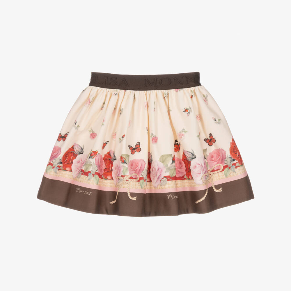 Monnalisa-Girls Pale Pink & Brown Skirt with Rose Print | Childrensalon