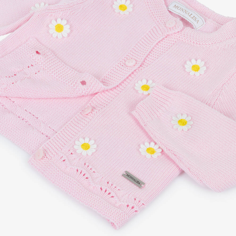 Monnalisa-Girls Pale Pink Cardigan with Daisy Appliqués | Childrensalon