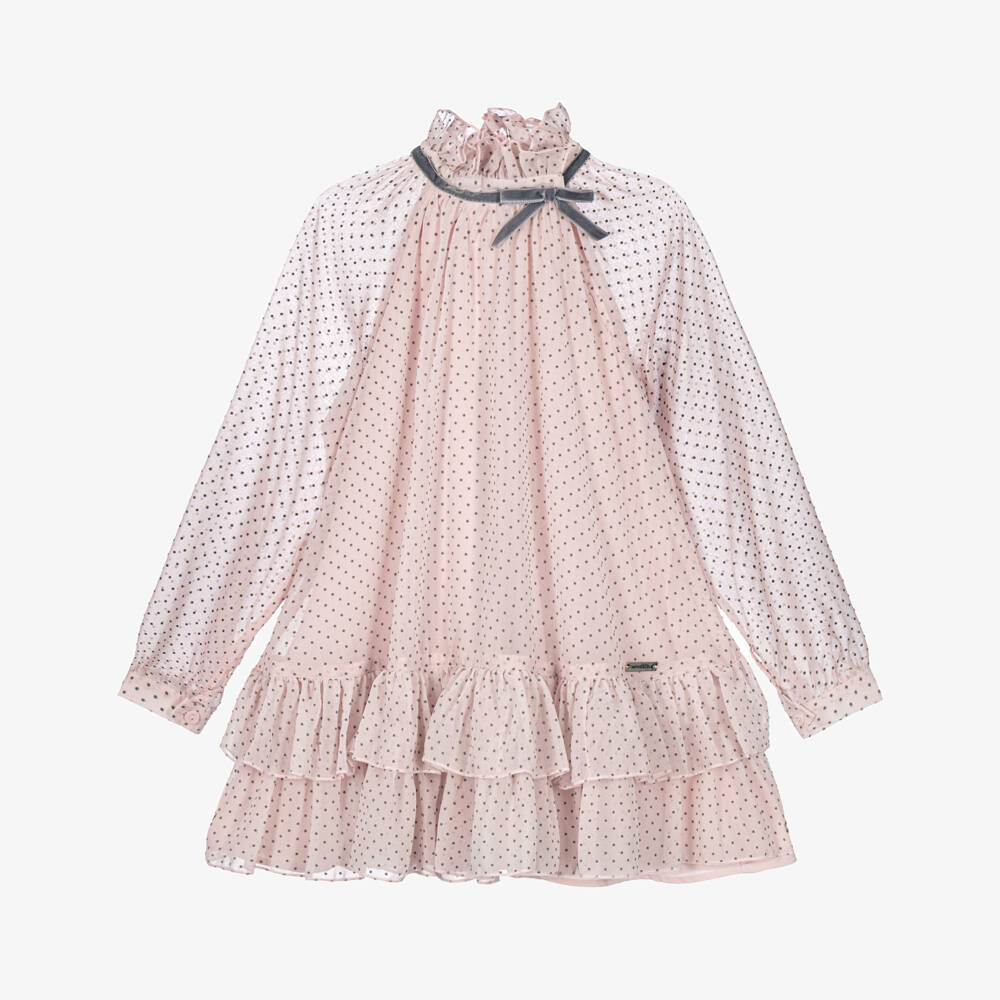 Monnalisa-Girls Pale Pink Chiffon Polka Dot Dress | Childrensalon