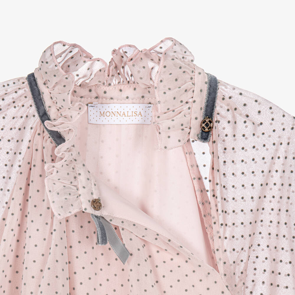 Monnalisa-Girls Pale Pink Chiffon Polka Dot Dress | Childrensalon