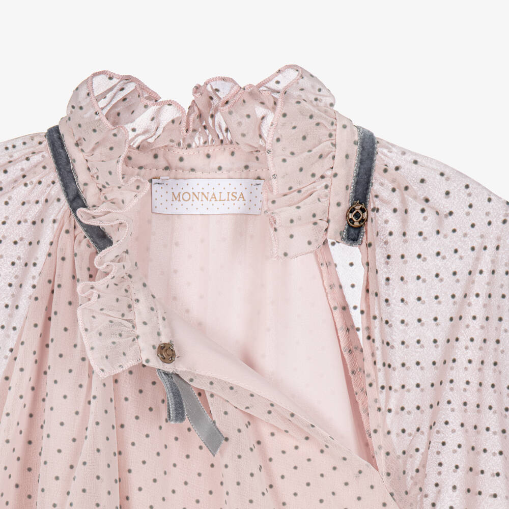 Monnalisa-Girls Pale Pink Chiffon Polka Dot Dress | Childrensalon