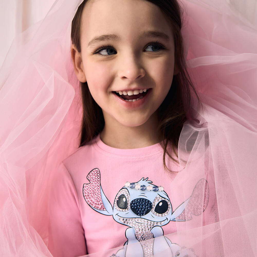 Monnalisa-Girls Pale Pink Cotton Disney Stitch Print Top | Childrensalon