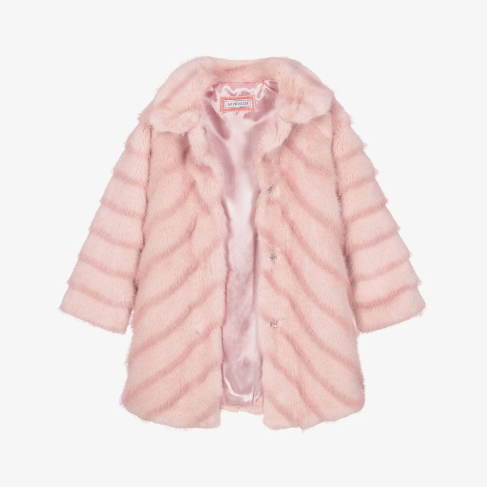 Monnalisa-Girls Pale Pink Faux Fur Coat | Childrensalon