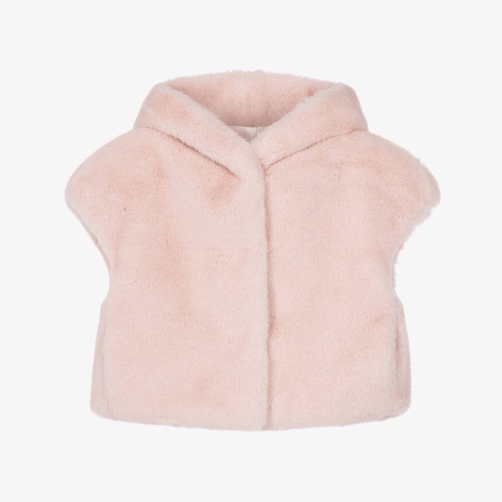 Monnalisa-Girls Pale Pink Faux Fur Gilet with Hood | Childrensalon