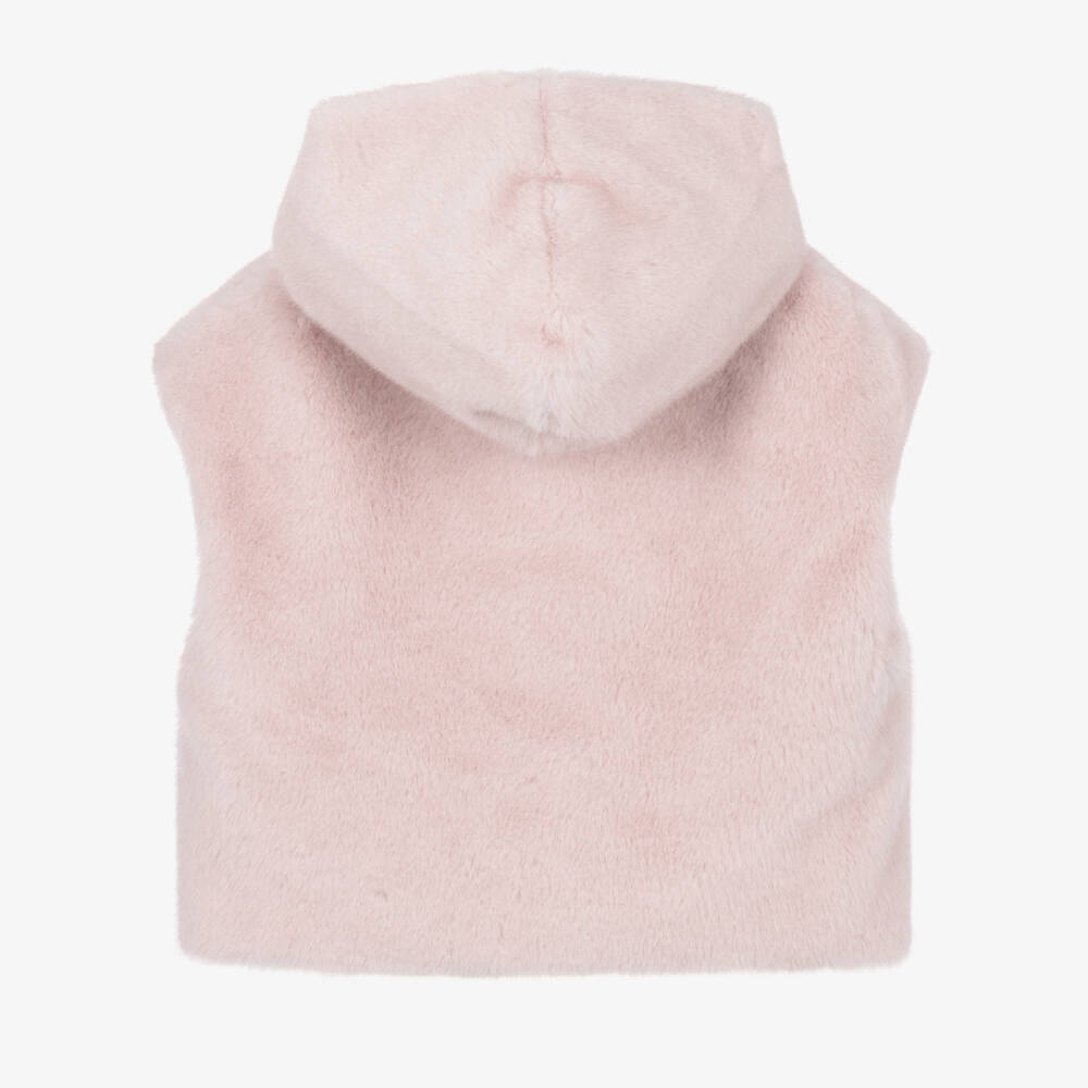 Monnalisa-Girls Pale Pink Faux Fur Gilet with Hood | Childrensalon