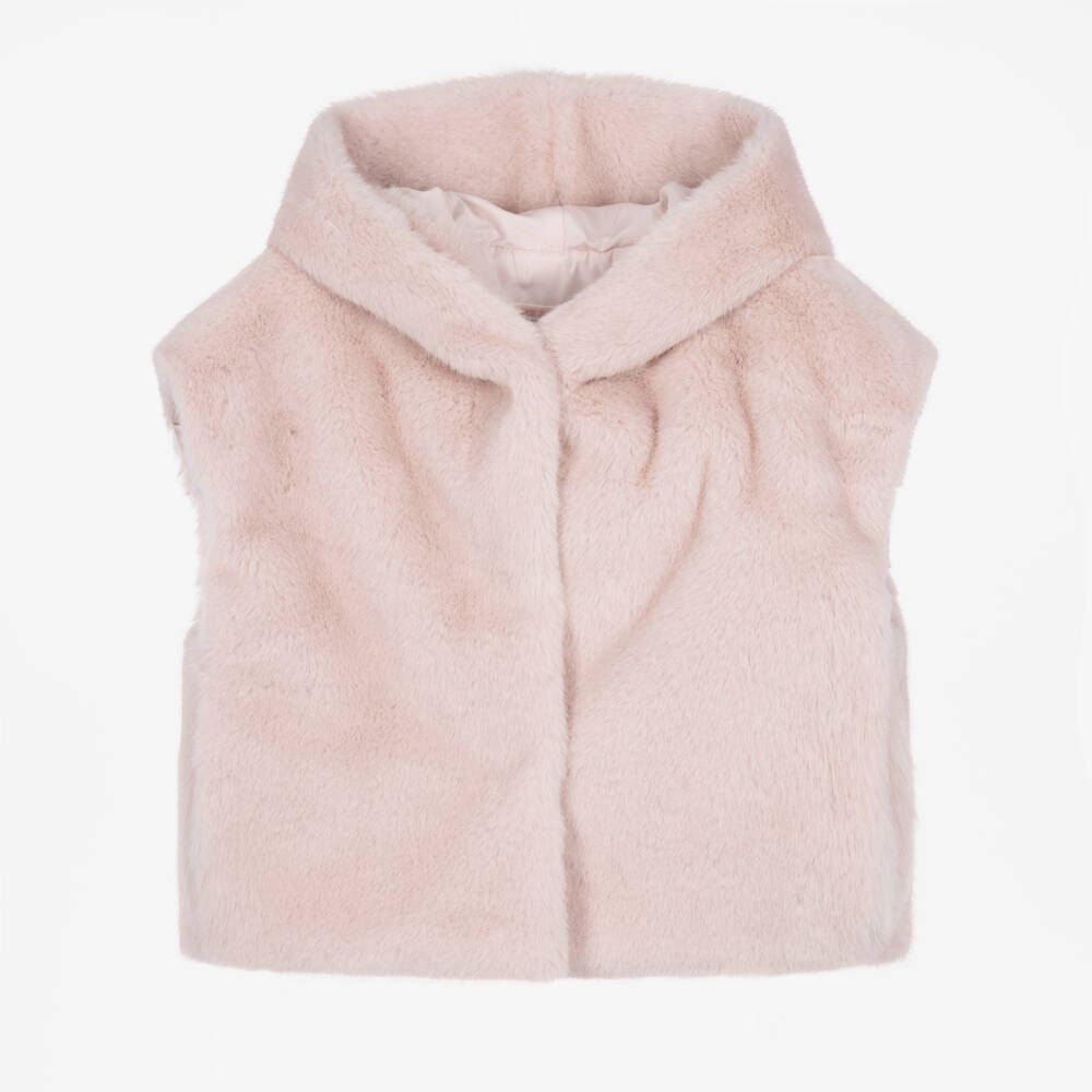 Monnalisa-Girls Pale Pink Faux Fur Gilet with Hood | Childrensalon