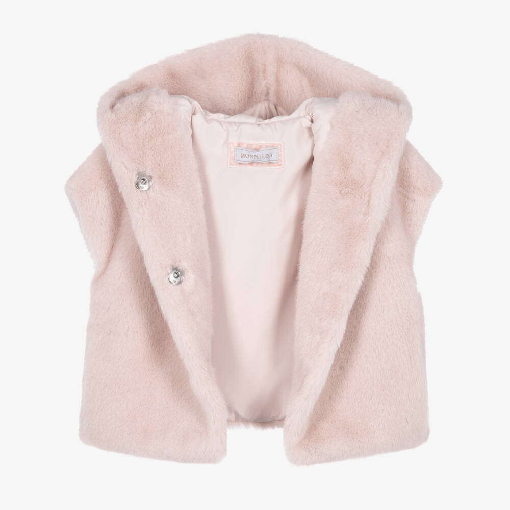Monnalisa-Girls Pale Pink Faux Fur Gilet with Hood | Childrensalon