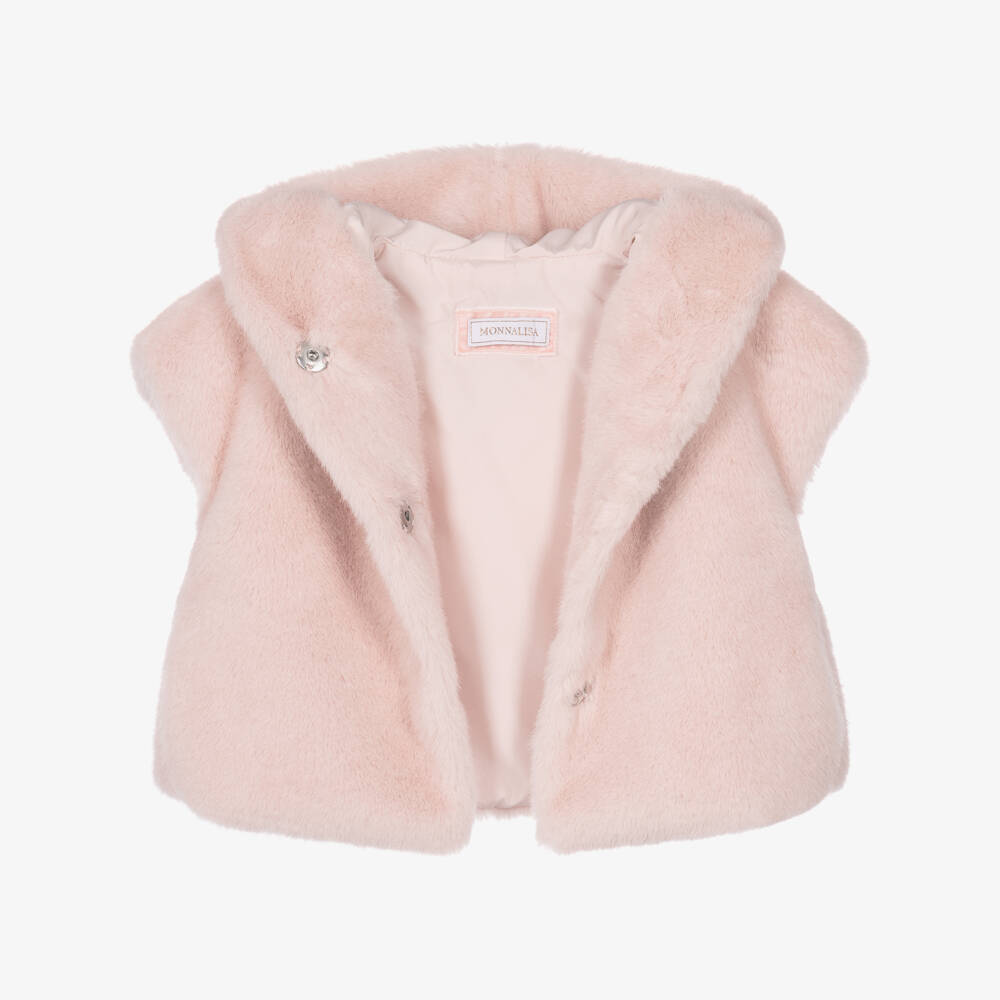 Monnalisa-Girls Pale Pink Faux Fur Gilet with Hood | Childrensalon
