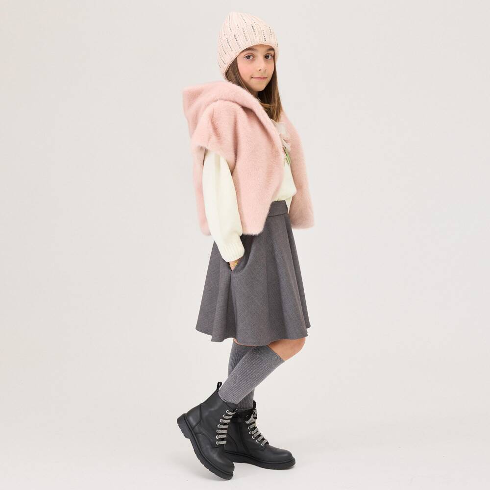Monnalisa-Girls Pale Pink Faux Fur Gilet with Hood | Childrensalon