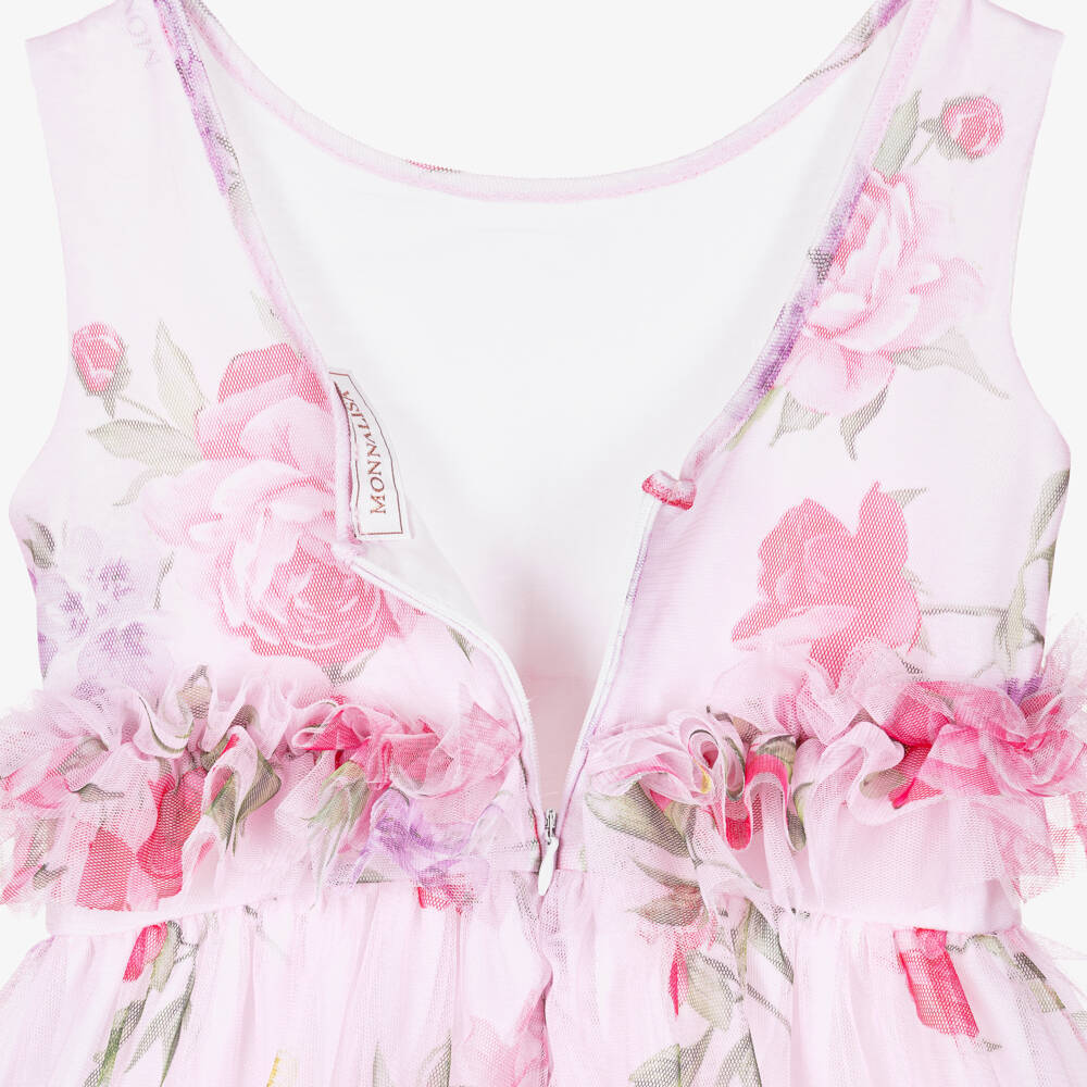 Monnalisa-Girls Pale Pink Tulle Floral Dress with Ruffles | Childrensalon