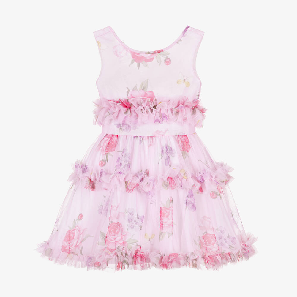 Monnalisa-Girls Pale Pink Tulle Floral Dress with Ruffles | Childrensalon