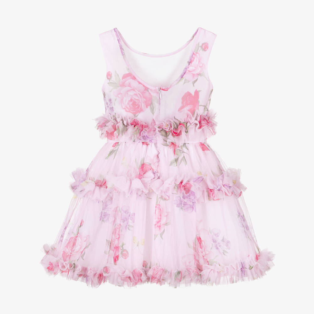 Monnalisa-Girls Pale Pink Tulle Floral Dress with Ruffles | Childrensalon