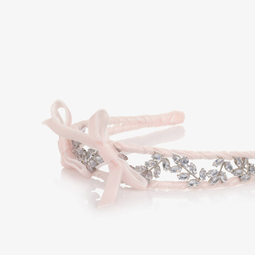 Monnalisa-Girls Pale Pink Velvet Bow & Silver Leaf Hairband | Childrensalon