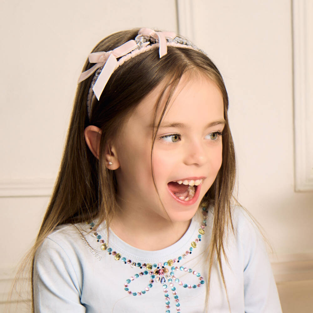 Monnalisa-Girls Pale Pink Velvet Bow & Silver Leaf Hairband | Childrensalon