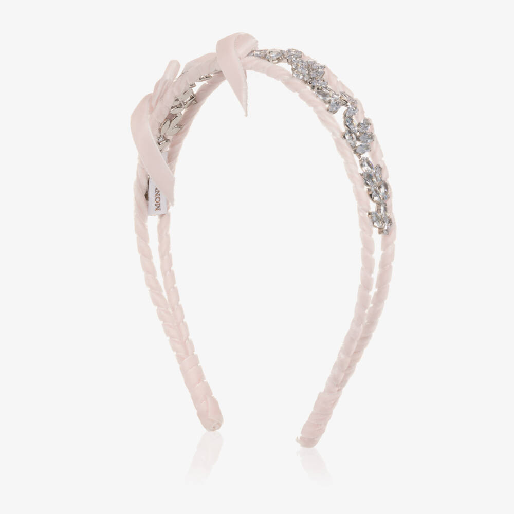 Monnalisa-Girls Pale Pink Velvet Bow & Silver Leaf Hairband | Childrensalon