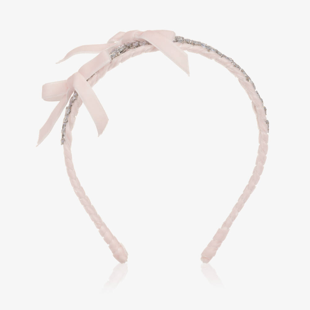 Monnalisa-Girls Pale Pink Velvet Bow & Silver Leaf Hairband | Childrensalon