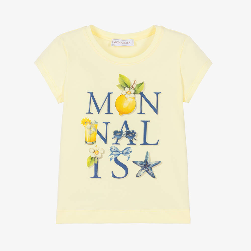 Monnalisa-Girls Pale Yellow Cotton T-Shirt with Summery Blue Logo | Childrensalon