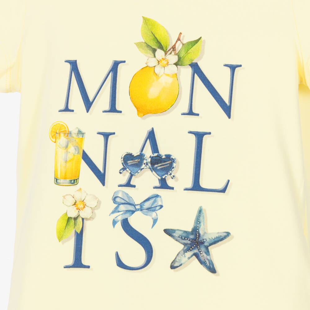 Monnalisa-Girls Pale Yellow Cotton T-Shirt with Summery Blue Logo | Childrensalon