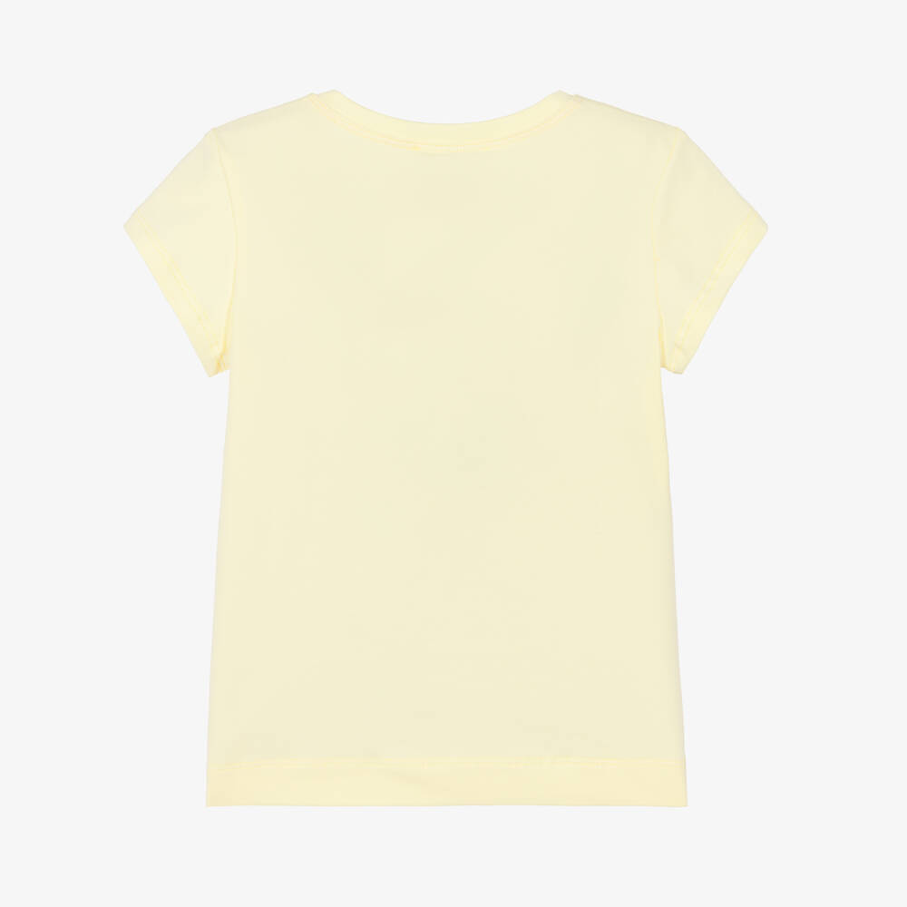 Monnalisa-Girls Pale Yellow Cotton T-Shirt with Summery Blue Logo | Childrensalon