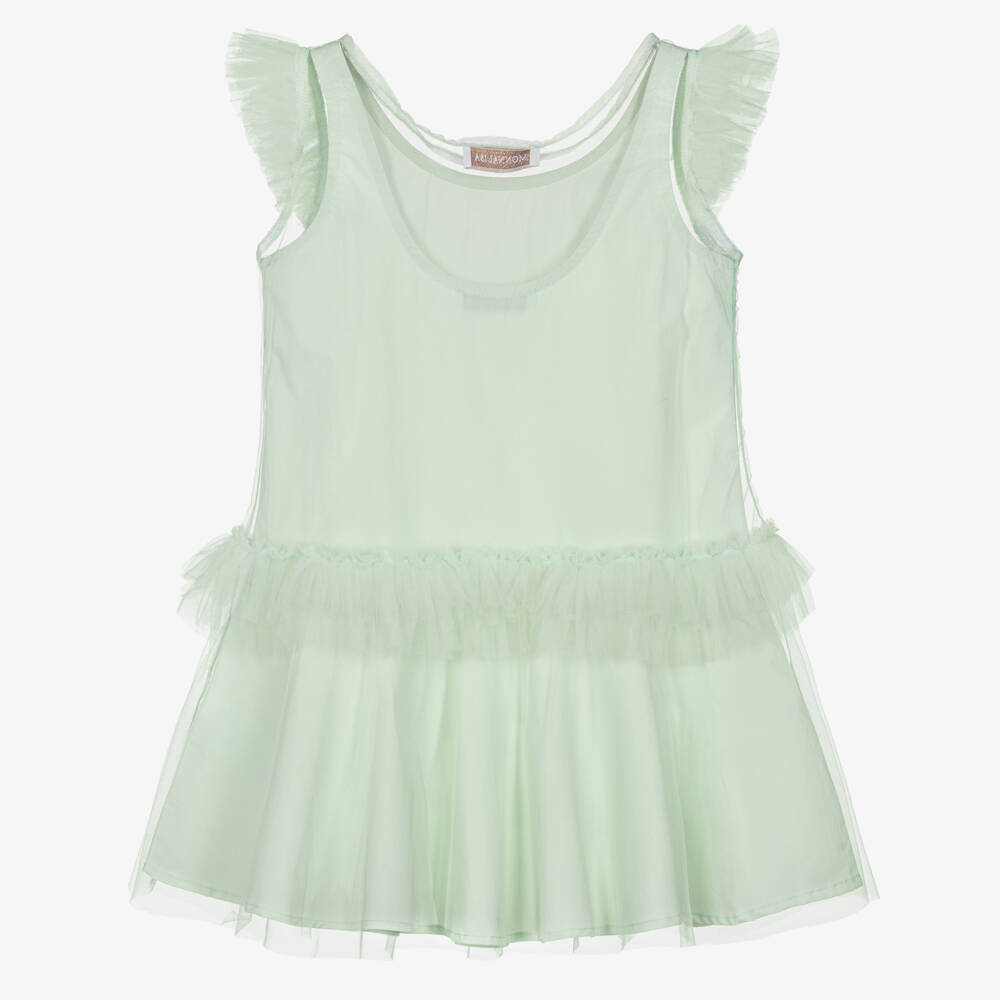 Monnalisa-فستان بطبقات تول قطن لون أخضر فاتح للبنات | Childrensalon