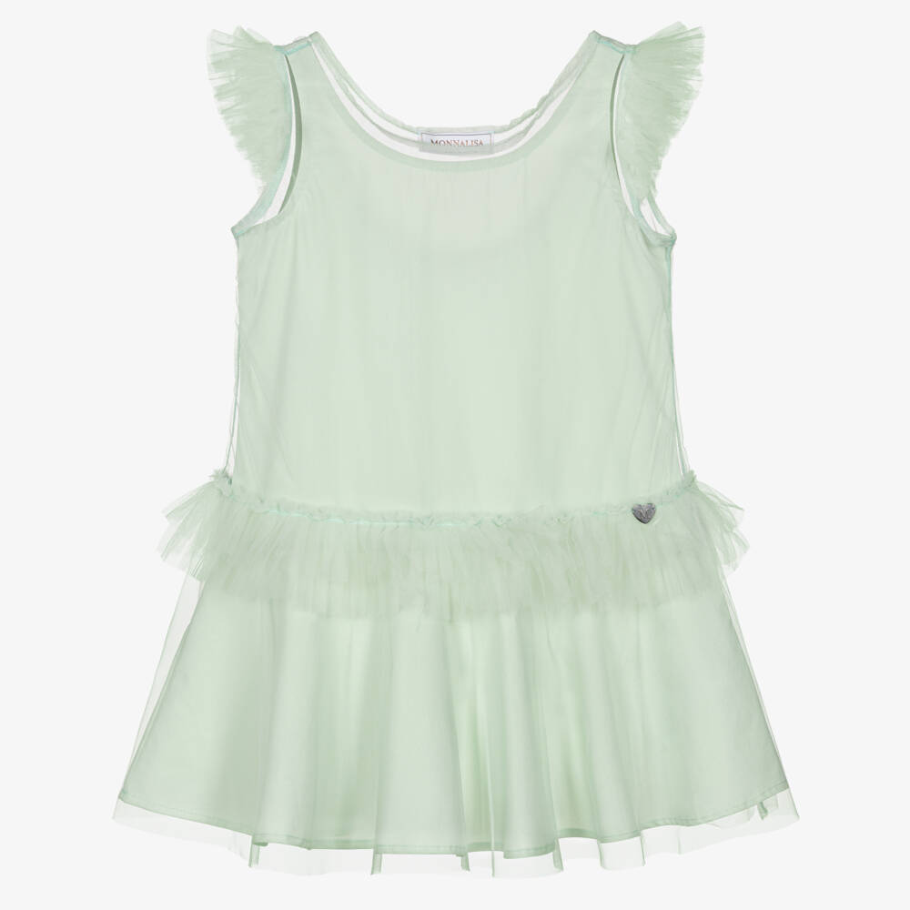 Monnalisa-Girls Pastel Green Cotton Dress with Tulle Ruffles | Childrensalon